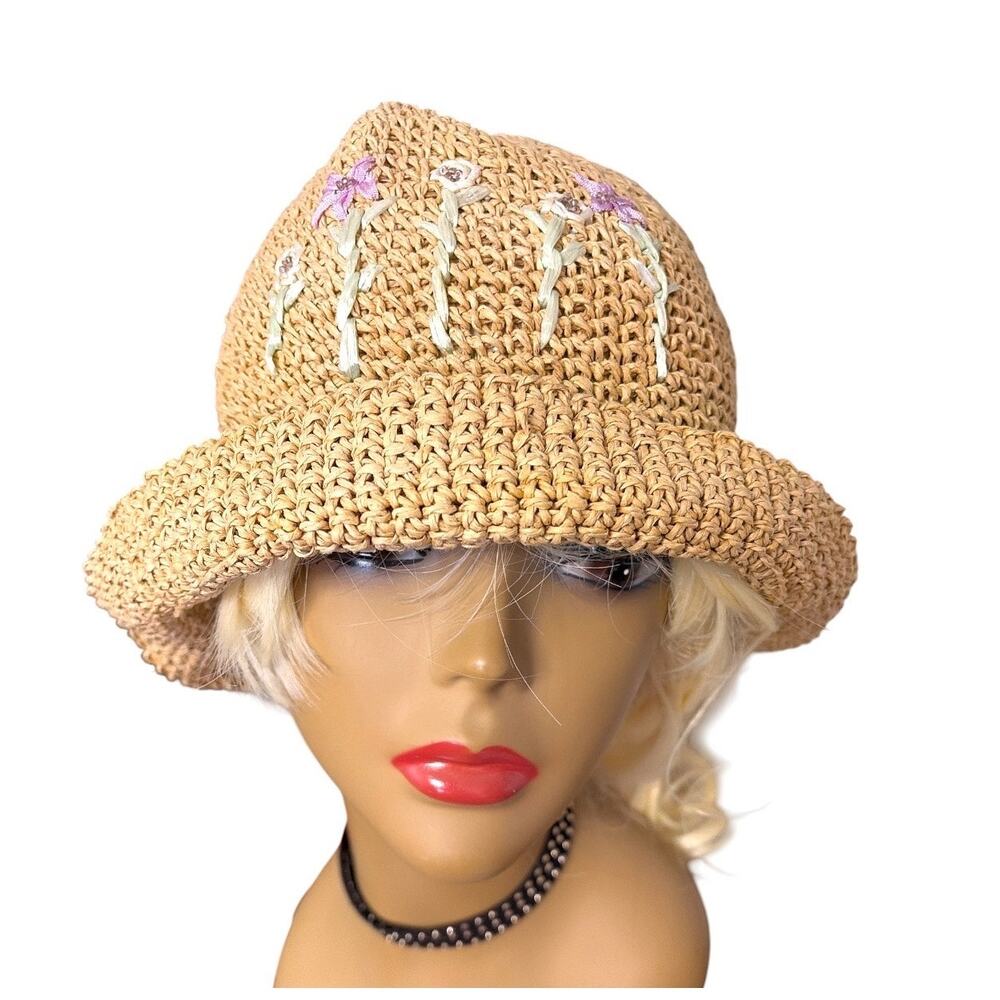 Straw Bucket Hat with Embroidered Flower Accents